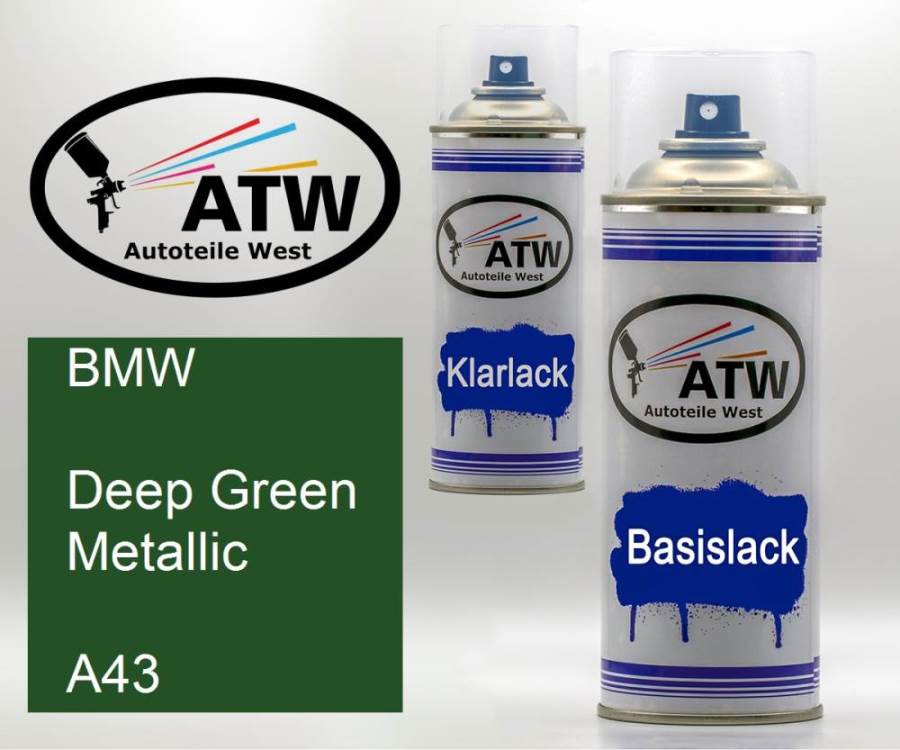 BMW, Deep Green Metallic, A43: 400ml Sprühdose + 400ml Klarlack - Set, von ATW Autoteile West.